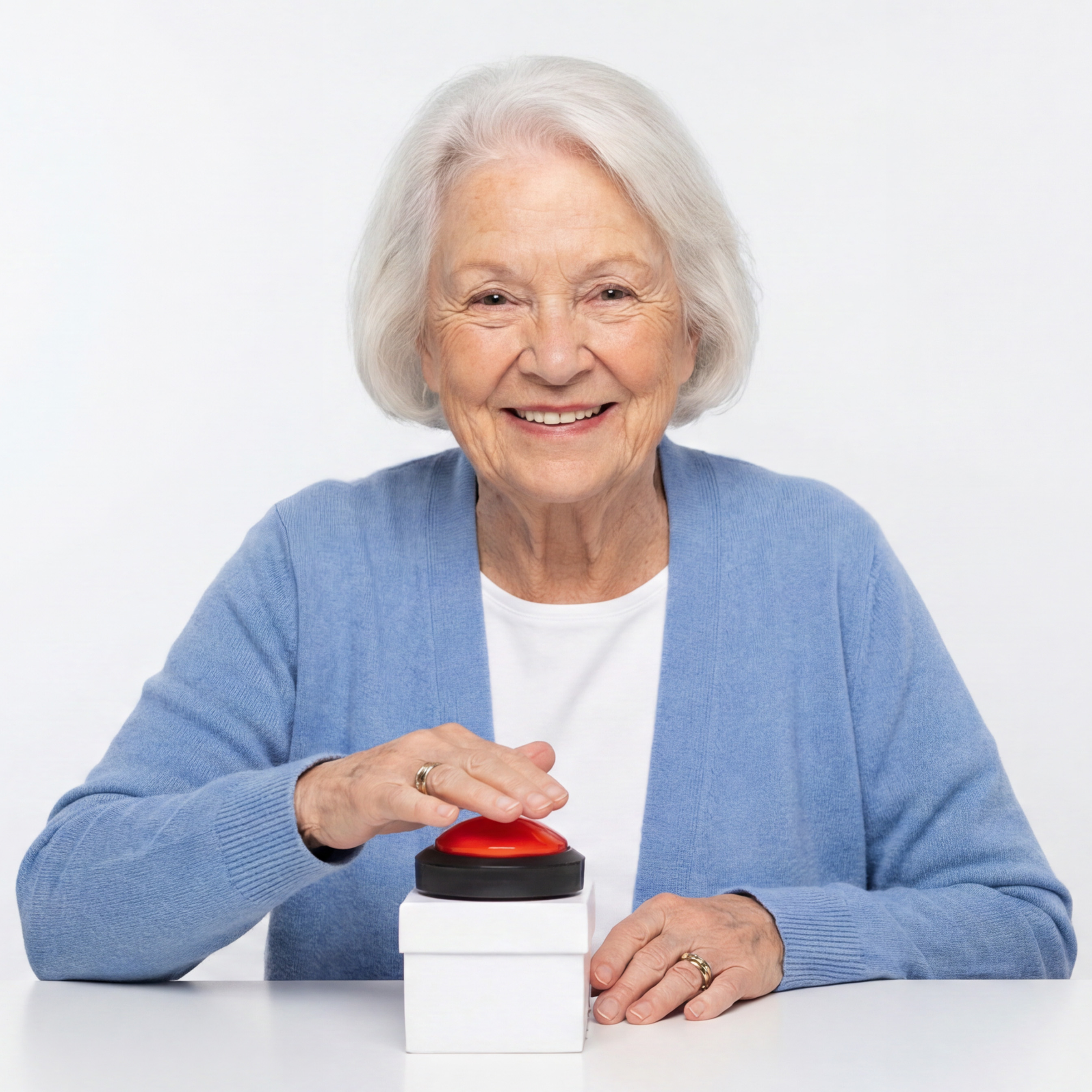 Elderly woman smiling while pressing the BoxyPal red button